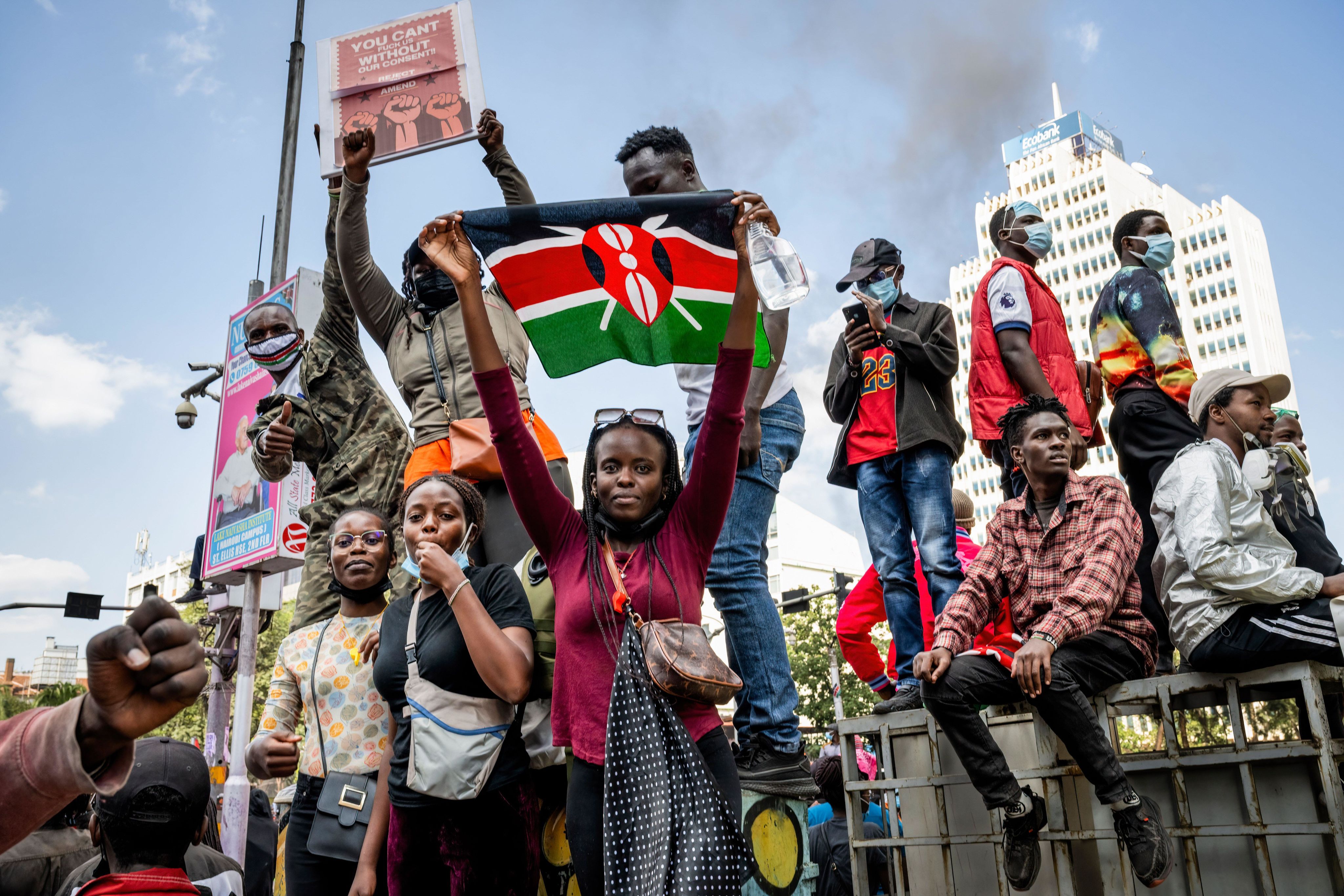 A protester in Nairobi, Kenya, holds a Kenyan flag during a nationwide demonstration on 25 June 2024.