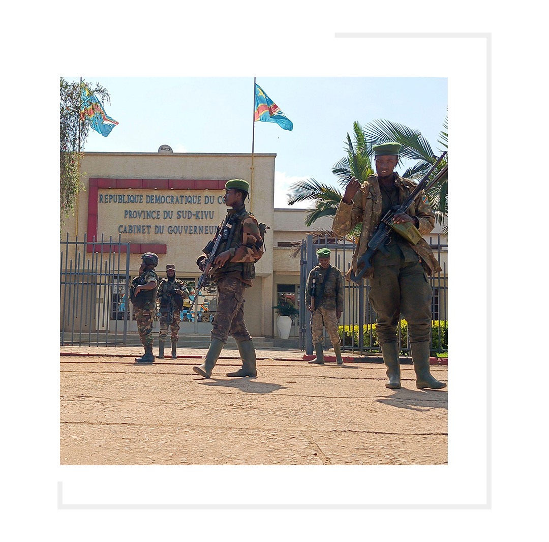Fighters from the Rwandan-backed M23 seen outside the South Kivu province administrative office, at the centre of eastern DRC’s second-largest city, Bukavu.